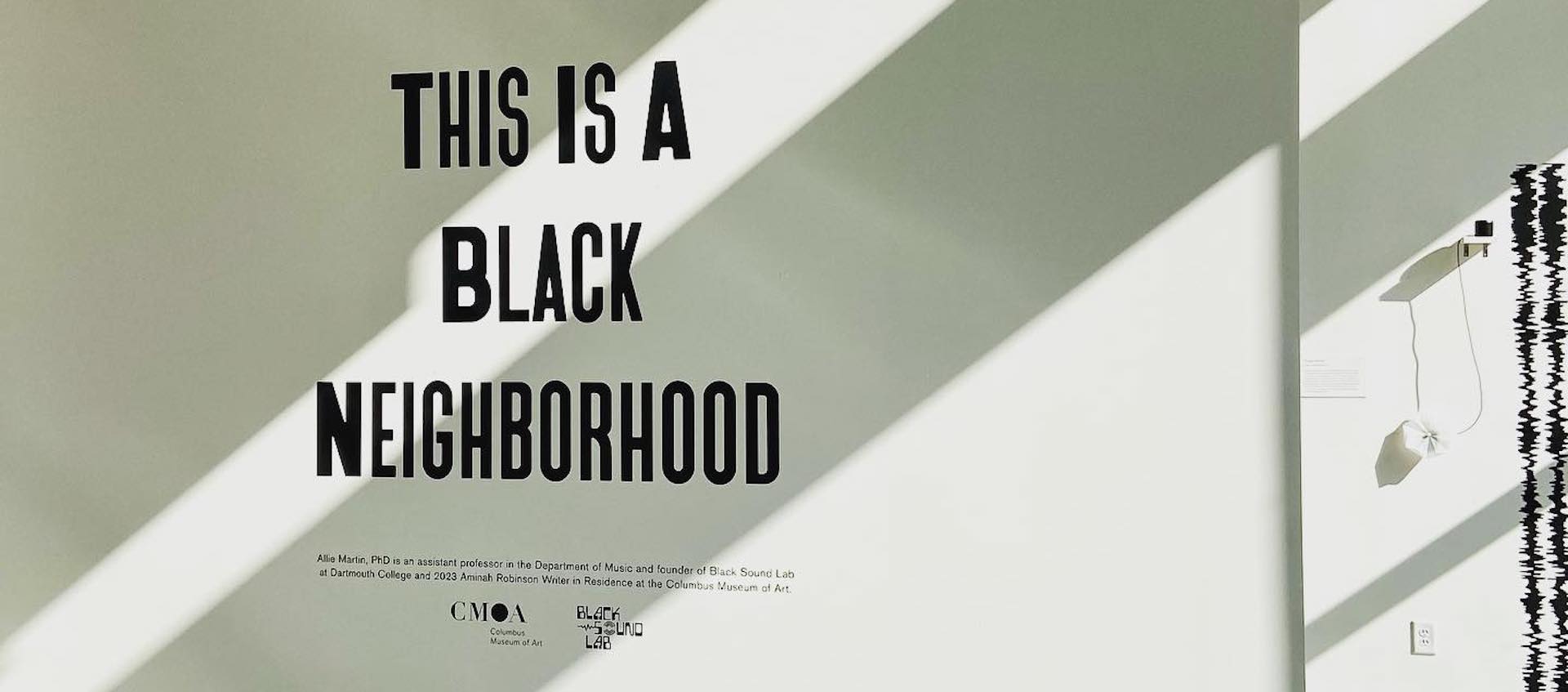 White wall with dramatic shadows with black text that reads “This is a Black Neighborhood”.