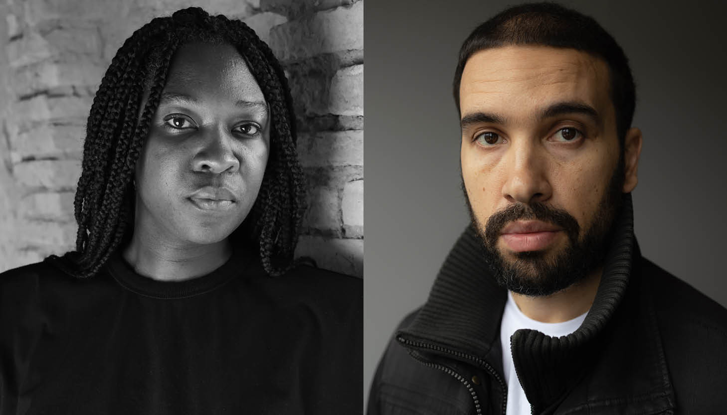A black-and-white headshot of Black poet Canisia Lubrin on the left and a headshot of Black poet Marcus Jackson on the right.