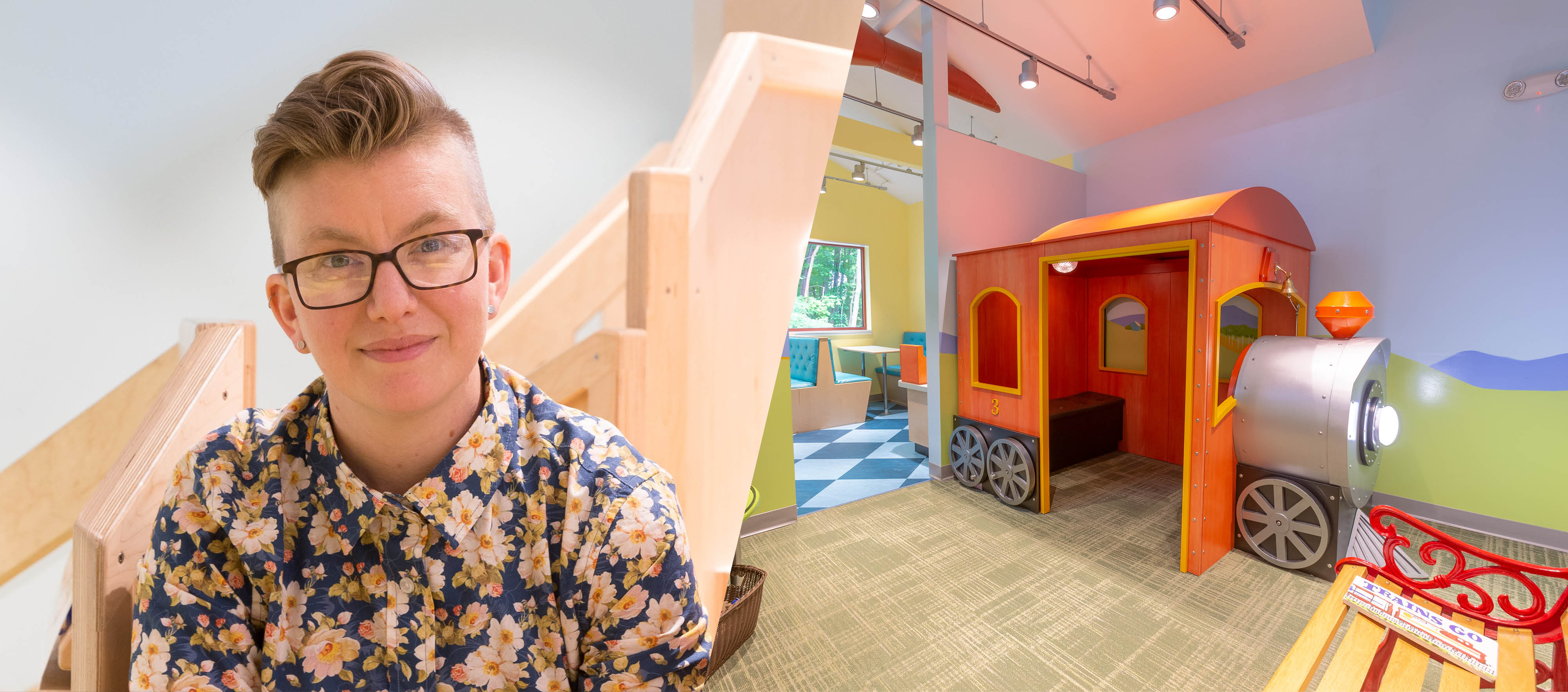 Margaret Middleton wears a floral collared shirt, glasses, and has short hair. On the right is an orange train engine in a colorful playroom.