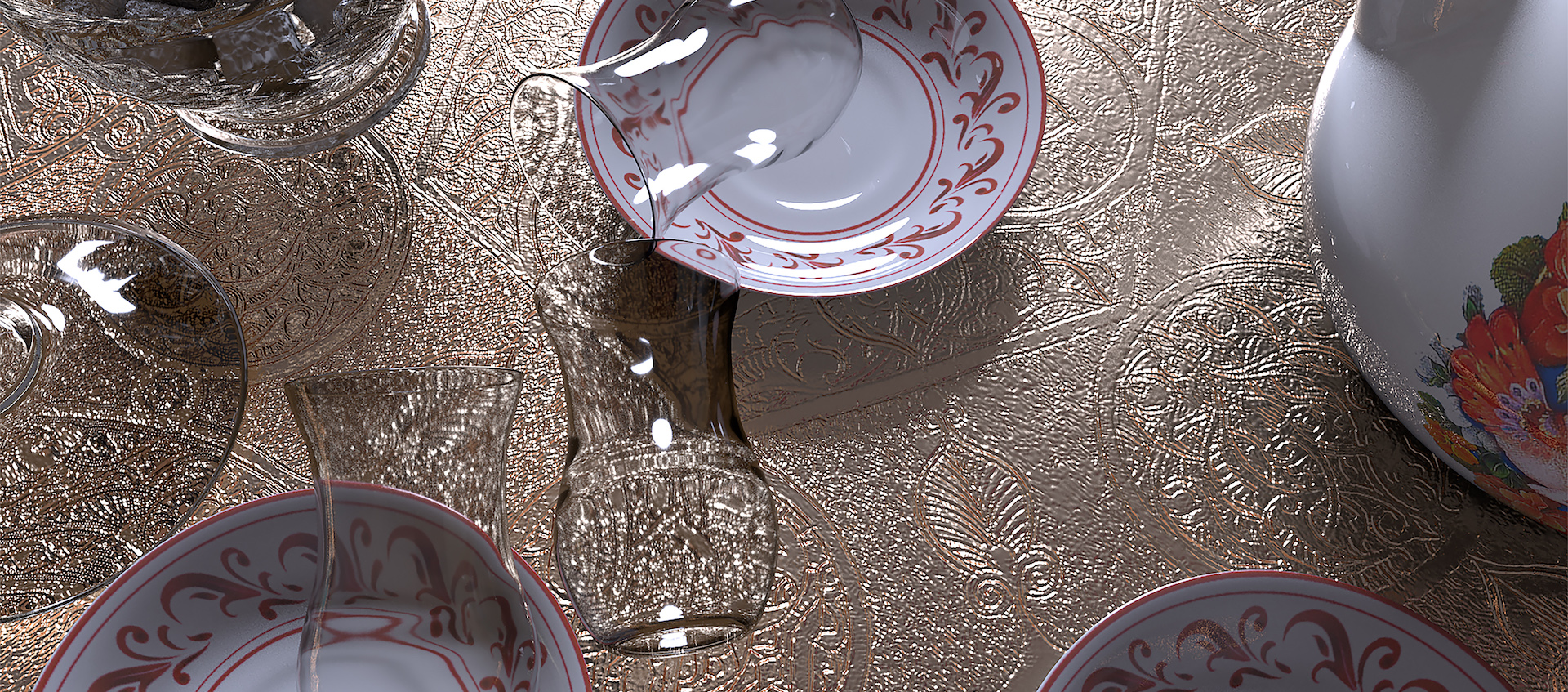 An animated image of glassware and white and orange dishes against a gold background with embossed design.