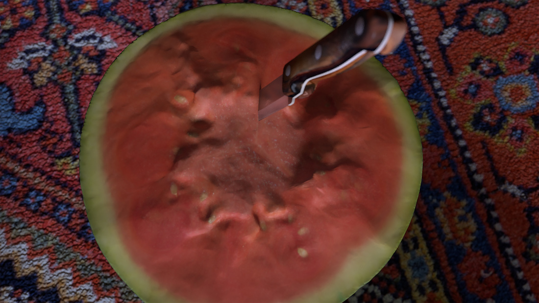 An animated image of a watermelon half with a knife sticking out set against a Persian rug pattern.