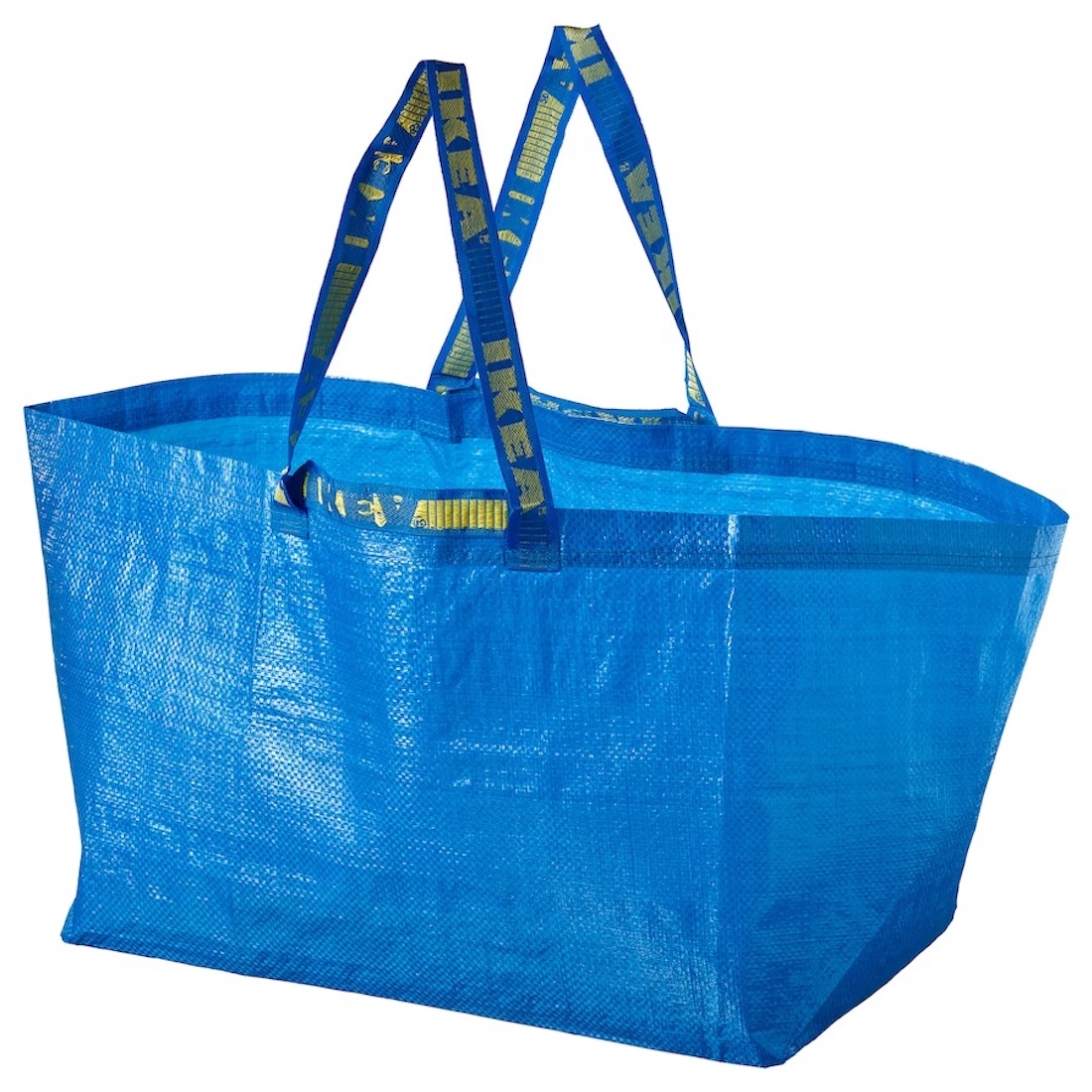 A large blue plastic tote bag against a white background.