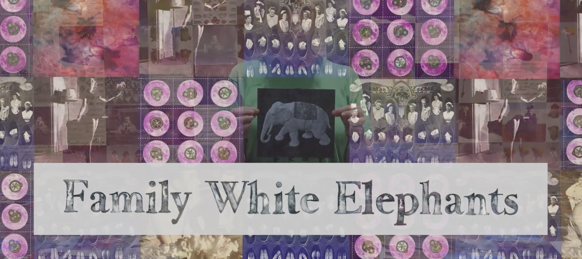 A collage of square, pastel-colored images with a white square graphic that reads “Family White Elephants”