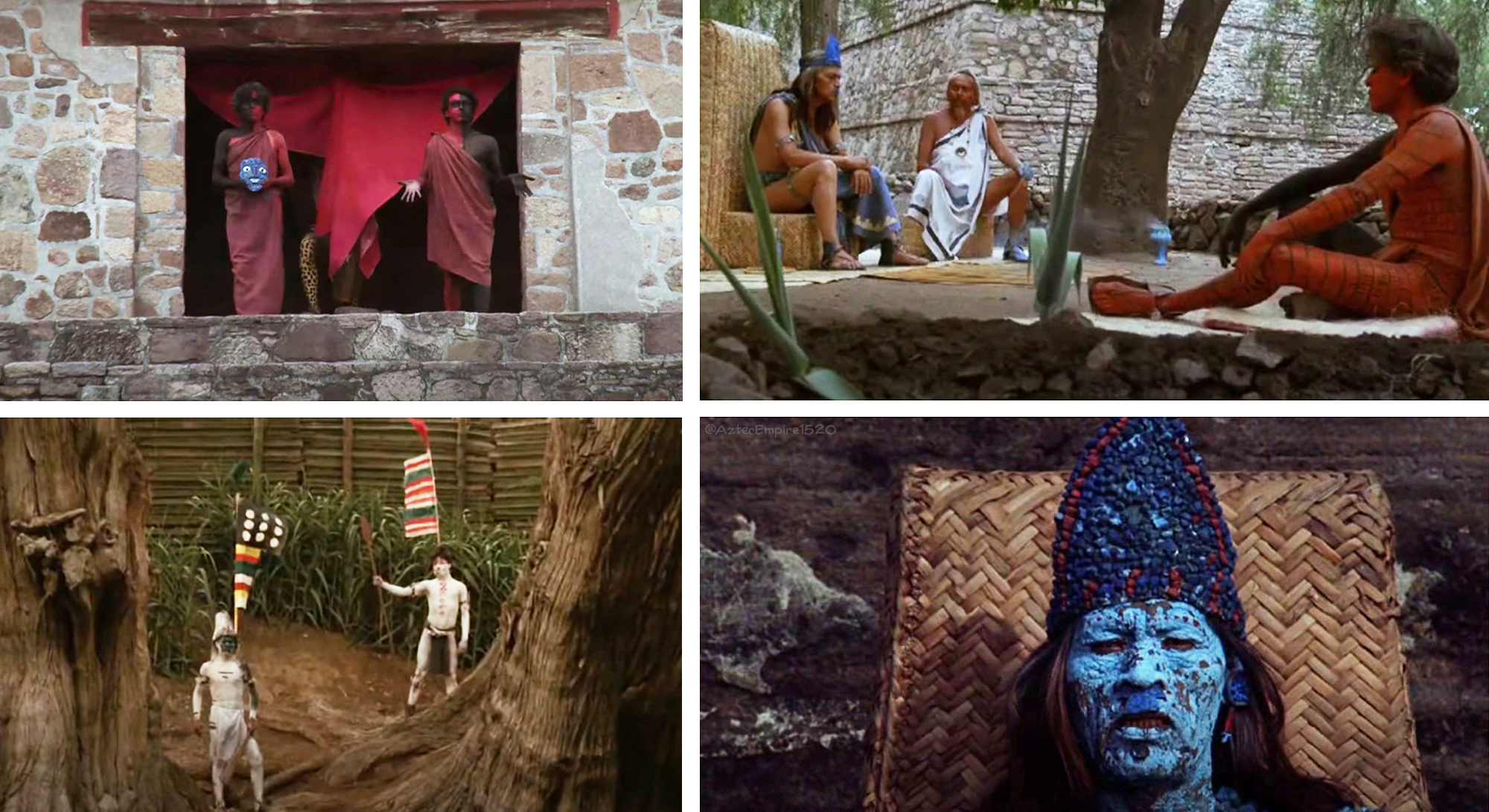 A collage of four film stills from Return to Aztlán.