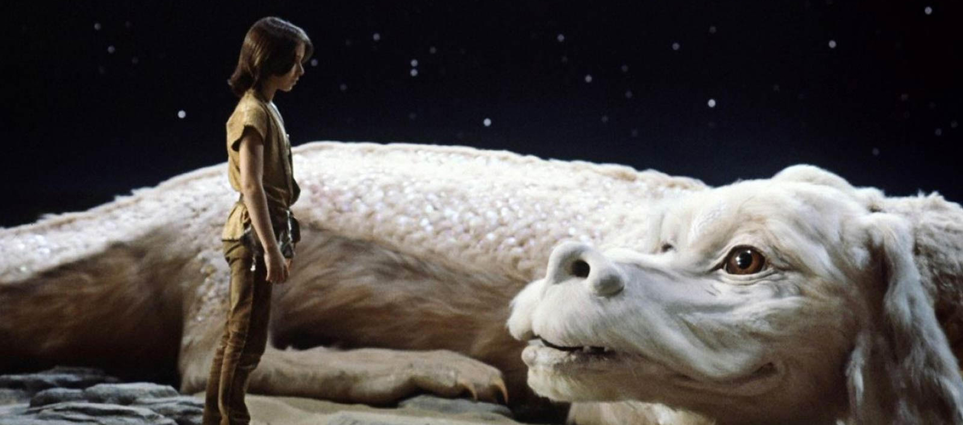 Under a starry sky, a young boy stands in front of a large, white mystical creature that resembles both a dragon and a shaggy dog. 