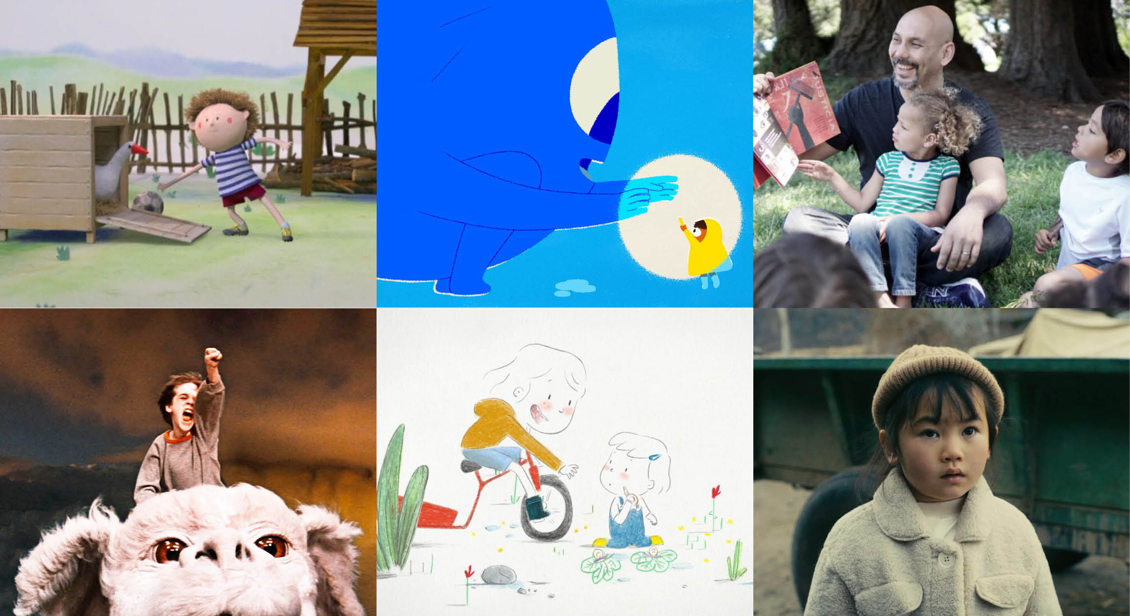 Collage of animated film stills and an image of a man reading a book to children outdoors. 