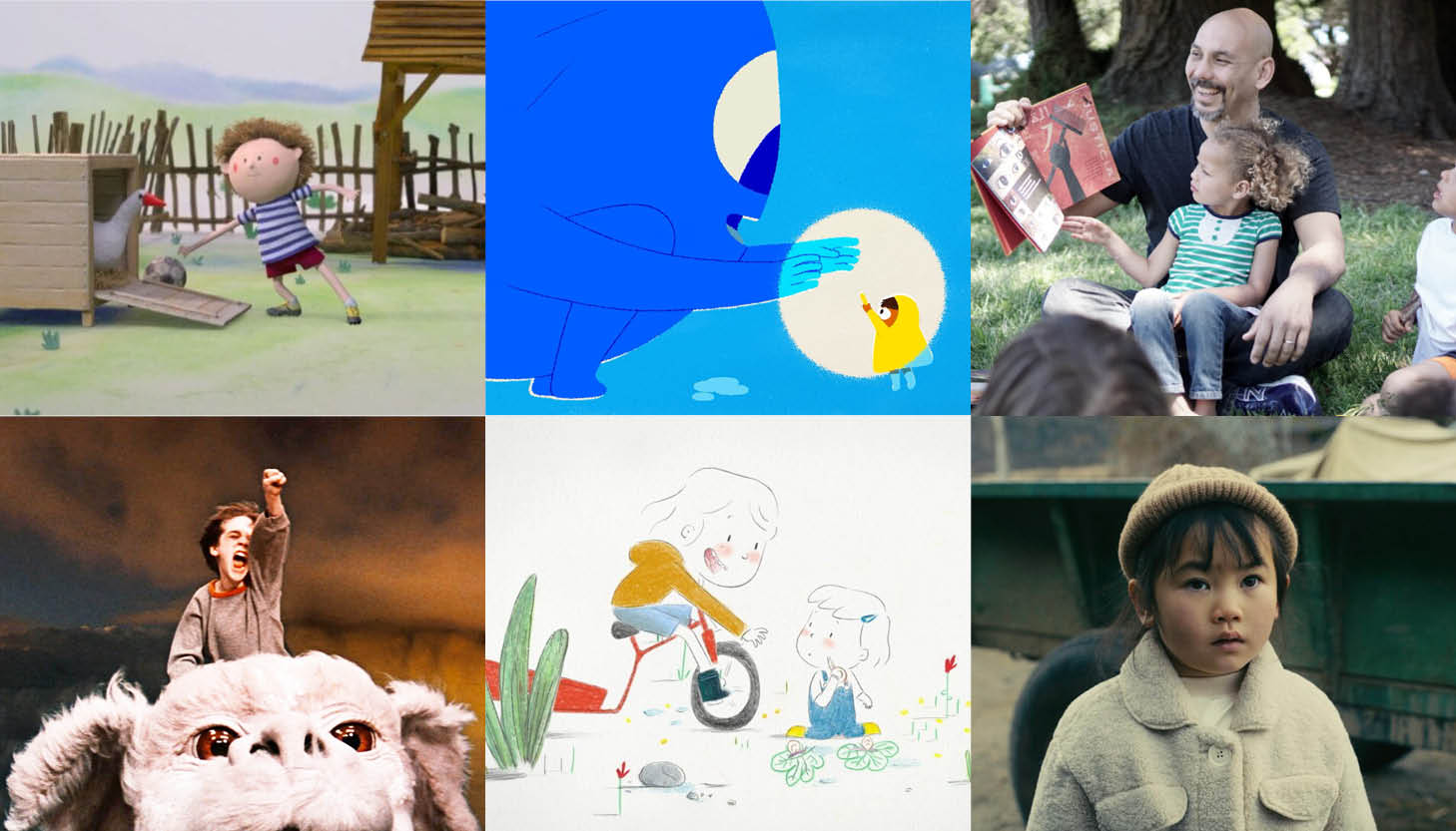 Collage of animated film stills and an image of a man reading a book to children outdoors. 