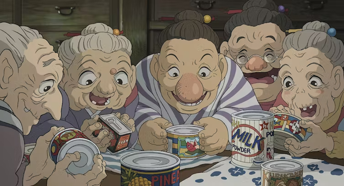 An animated image of a handful of older women huddled together and smiling as they hold canned food items.