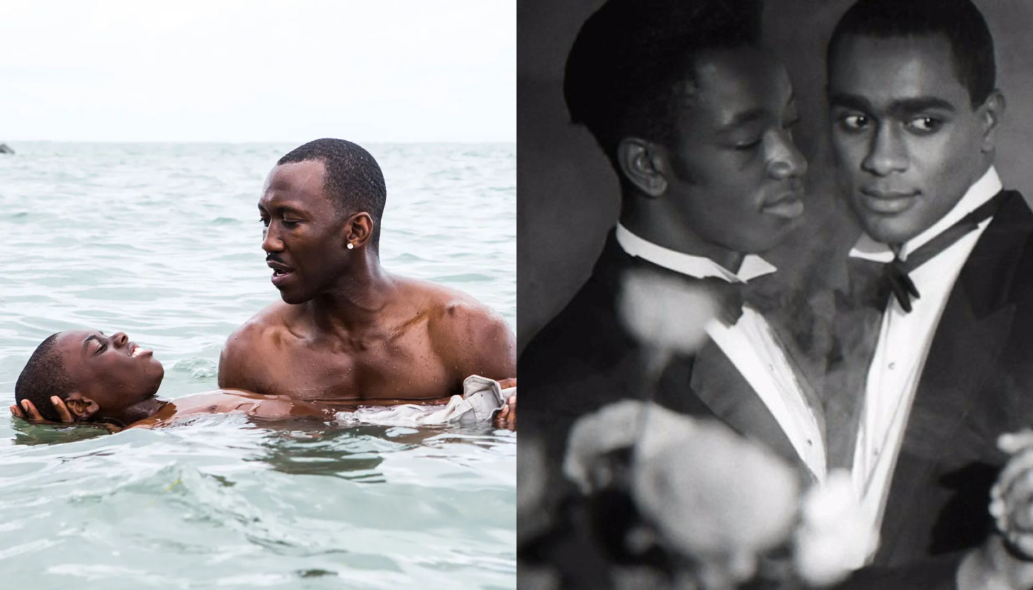 A composite image of two stills from Moonlight and Looking for Langston.
