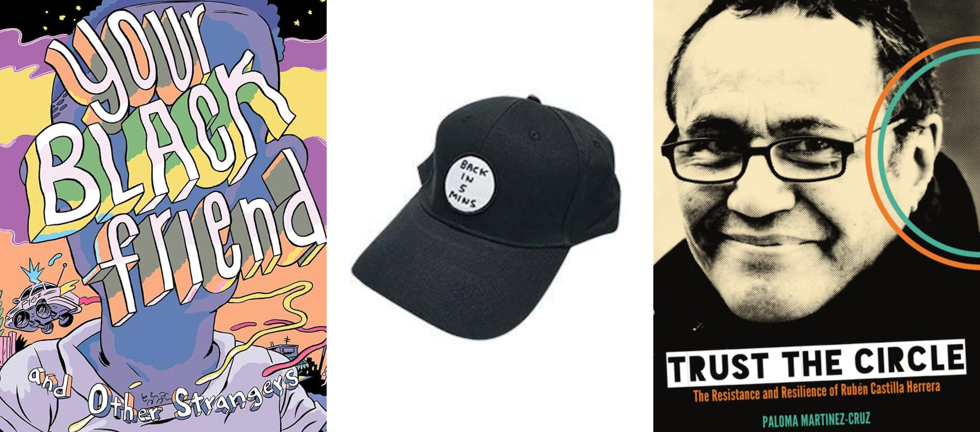 Three images side by side, with book covers on each end and a baseball cap at the center.