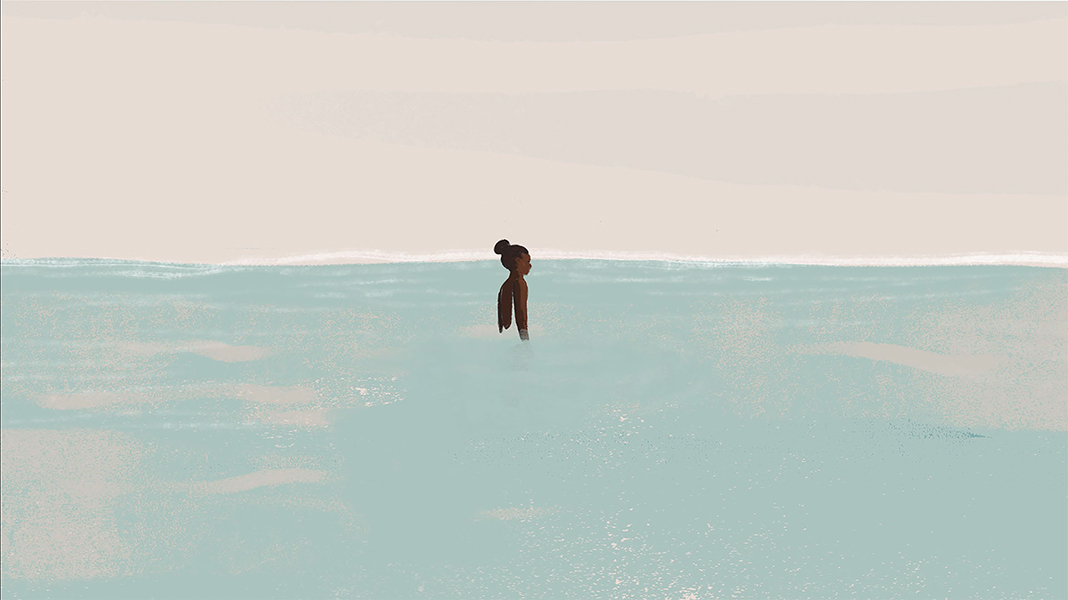 A painterly animated image of a dark-skinned woman wading up to her waist in an expanse of water. The horizon cuts through the middle of the image. 