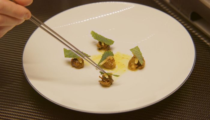 A hand holding chopsticks arranges small bits of food on a white plate. 