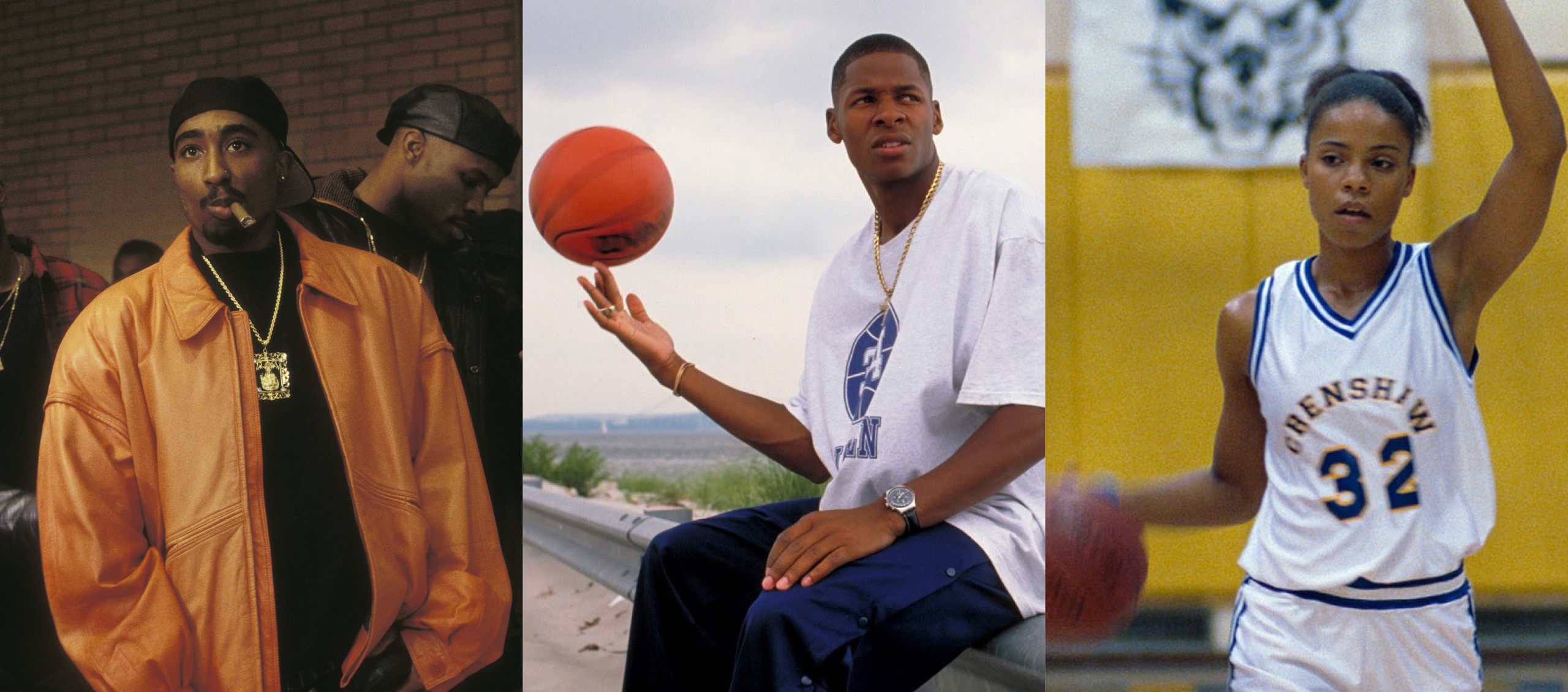 A composite of three stills from the films in Pick and Reels: Basketball on Screen.