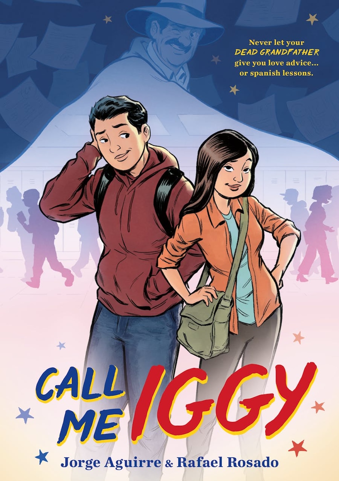 Illustrated book cover of a teen boy and a teen girl of Latino descent casually standing next to each other.