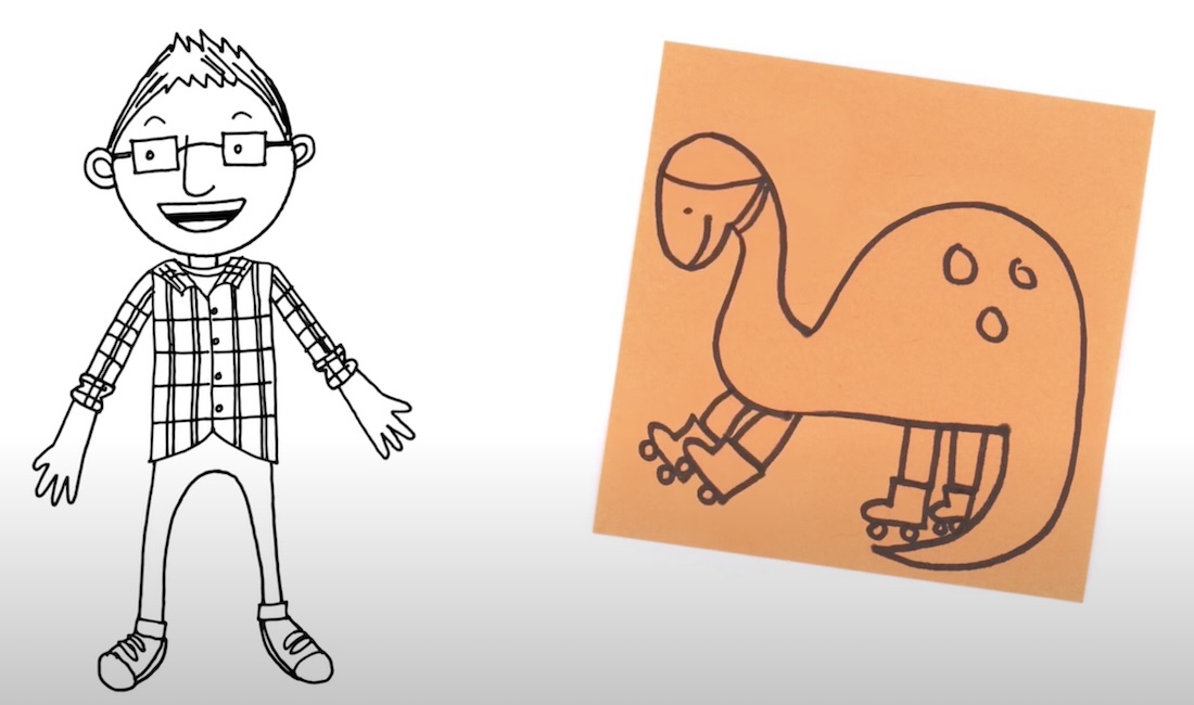 A simple line drawing of a smiling man and a dinosaur.