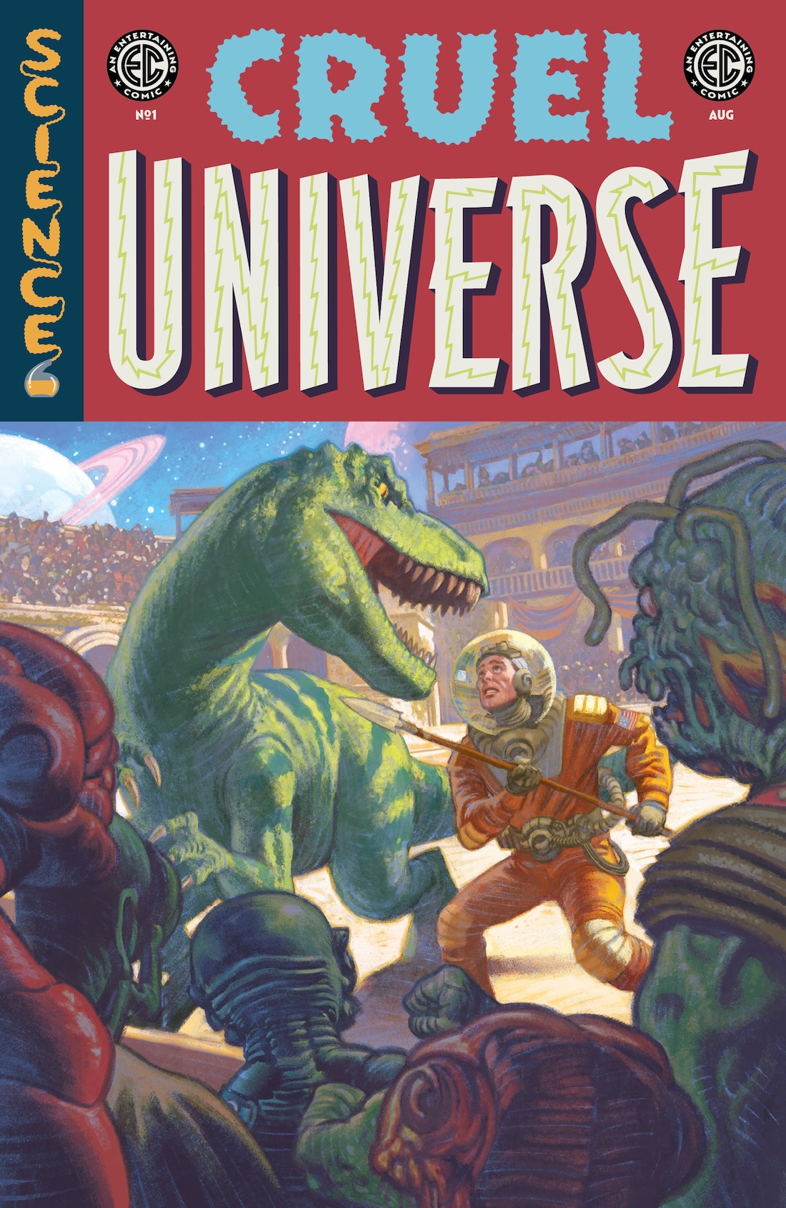 A lurid comic book cover features a coliseum fight on a distant planet between a fully outfitted astronaut and a dinosaur.