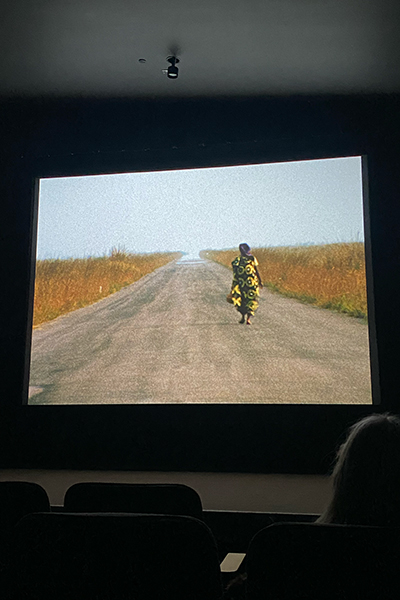 A film screen shows a woman in a patterned yellow dress walking down a road lined with tall grasses.