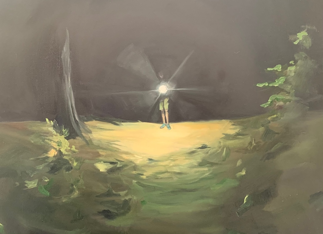 A gestural painting of someone in shorts standing in a clearing in the woods and pointing a flashlight at the viewer.