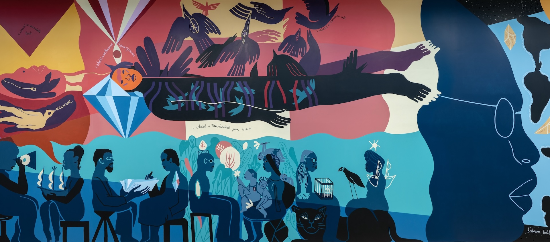 A colorful mural depicts eight seated figures in profile view. A floating figure appears above the words “I inhabit a three-hundred year war.” 