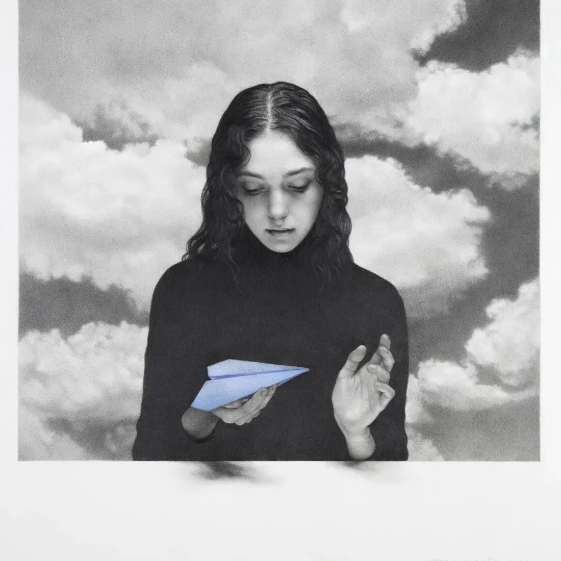 A hyper-realistic, mostly black and white illustration of a young woman sitting with clouds in the background, holding a light blue paper airplane.