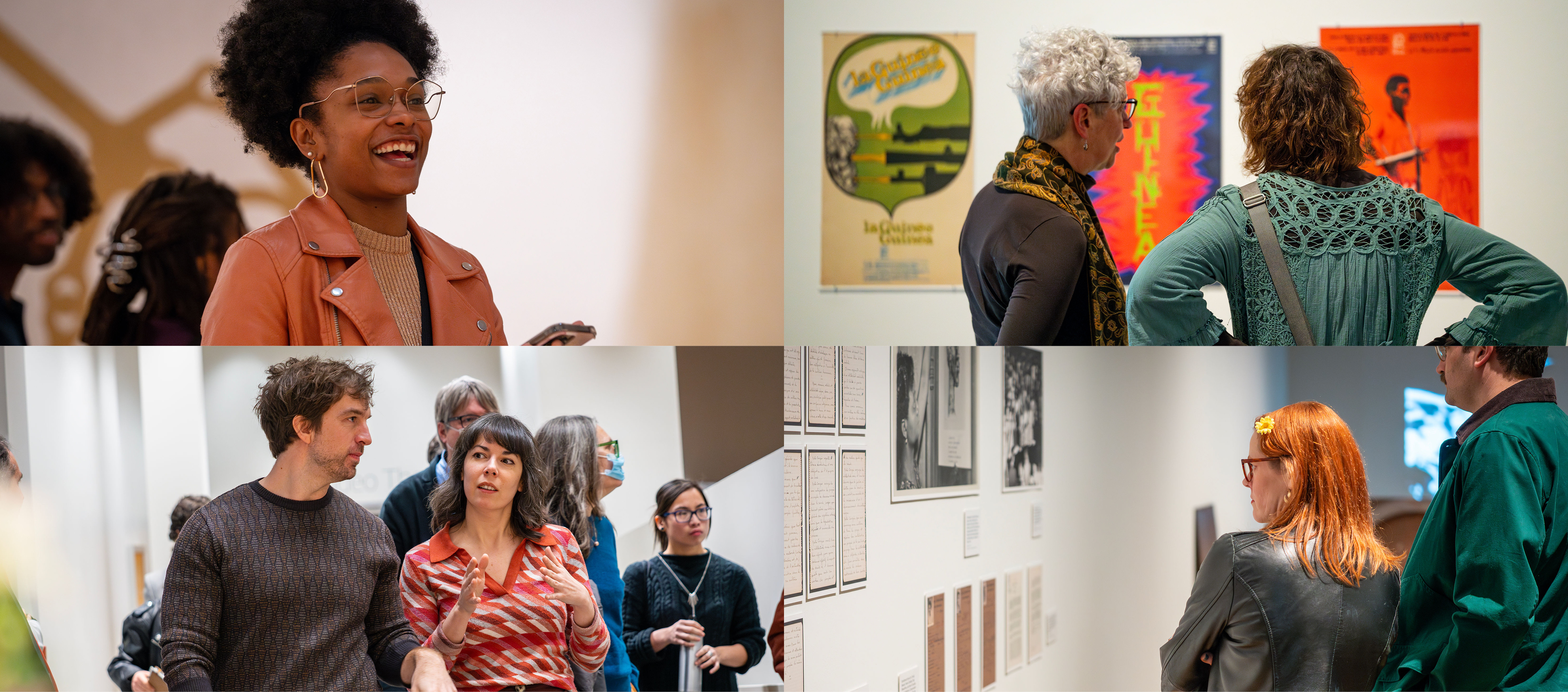 Collage image of people talking, looking at artwork, and enjoying an opening exhibition celebration at the Wexner Center for the Arts. 