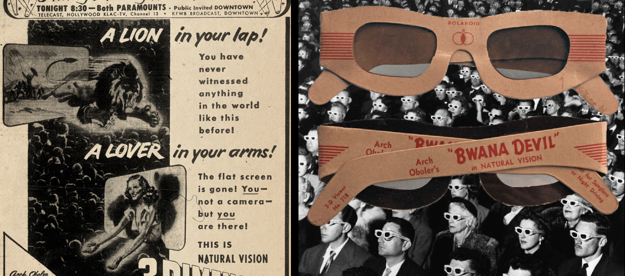 An advertisement for Bwana Devil is shown on the left with an image of an audience from 1952 wearing 3D glasses on the right.