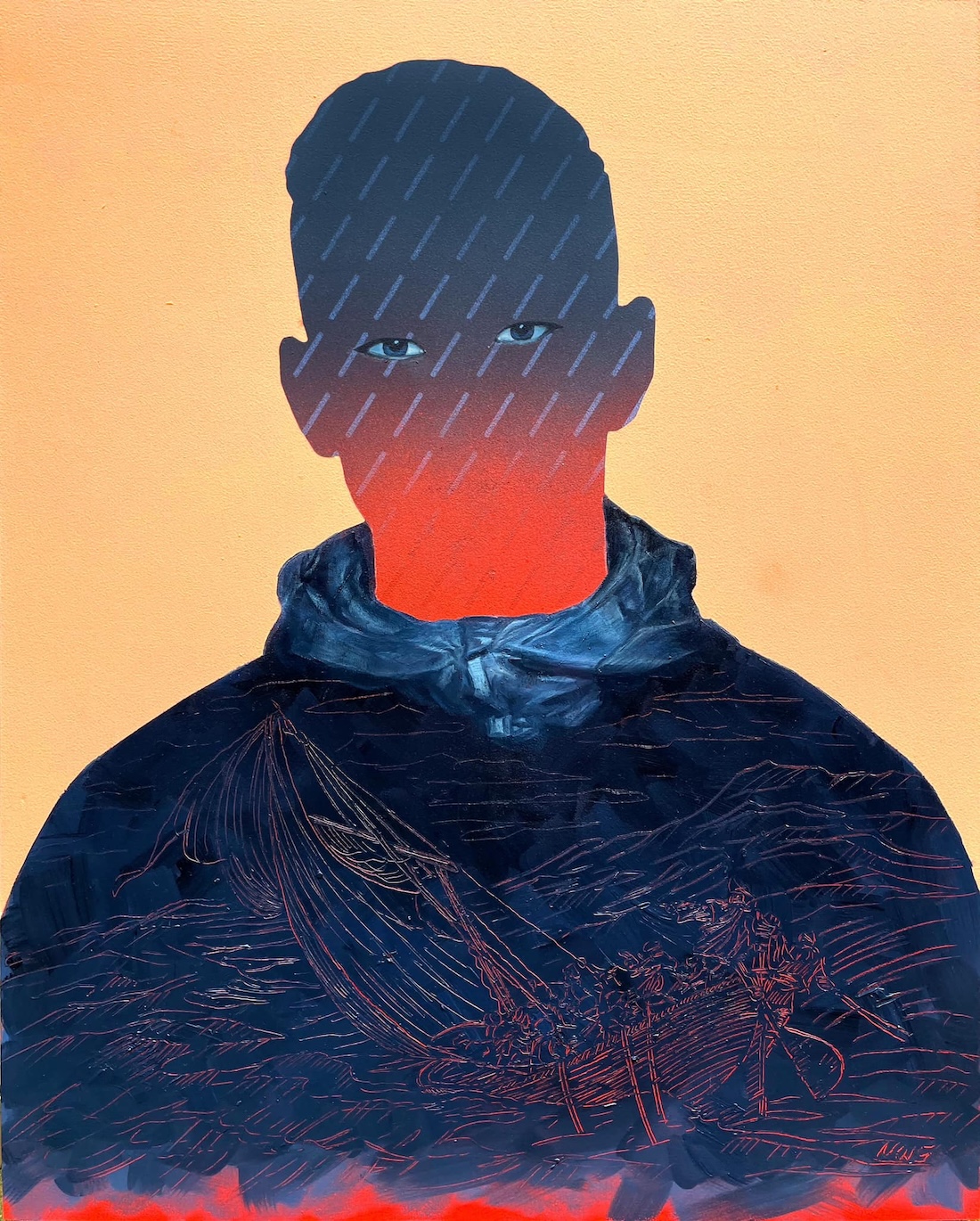 A semi-abstract contemporary painting of a man in a hoodie, with rain drops marking his face and classically styled illustration of whaling on the body of his hoodie.