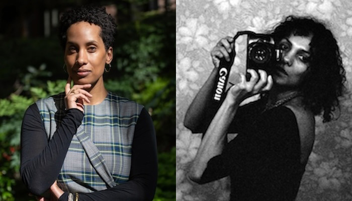 Side by side images of Black women looking directly at the camera. The woman on the right holds a 35mm camera close to her face.