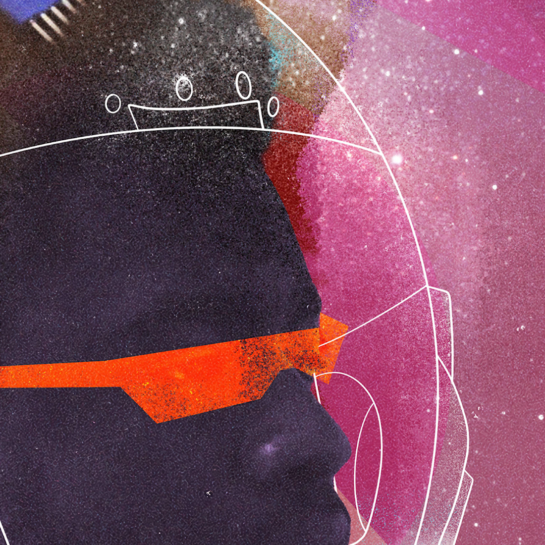 A digital illustration of a Black man with red opaque glasses and the outline of a space helmet on his head.