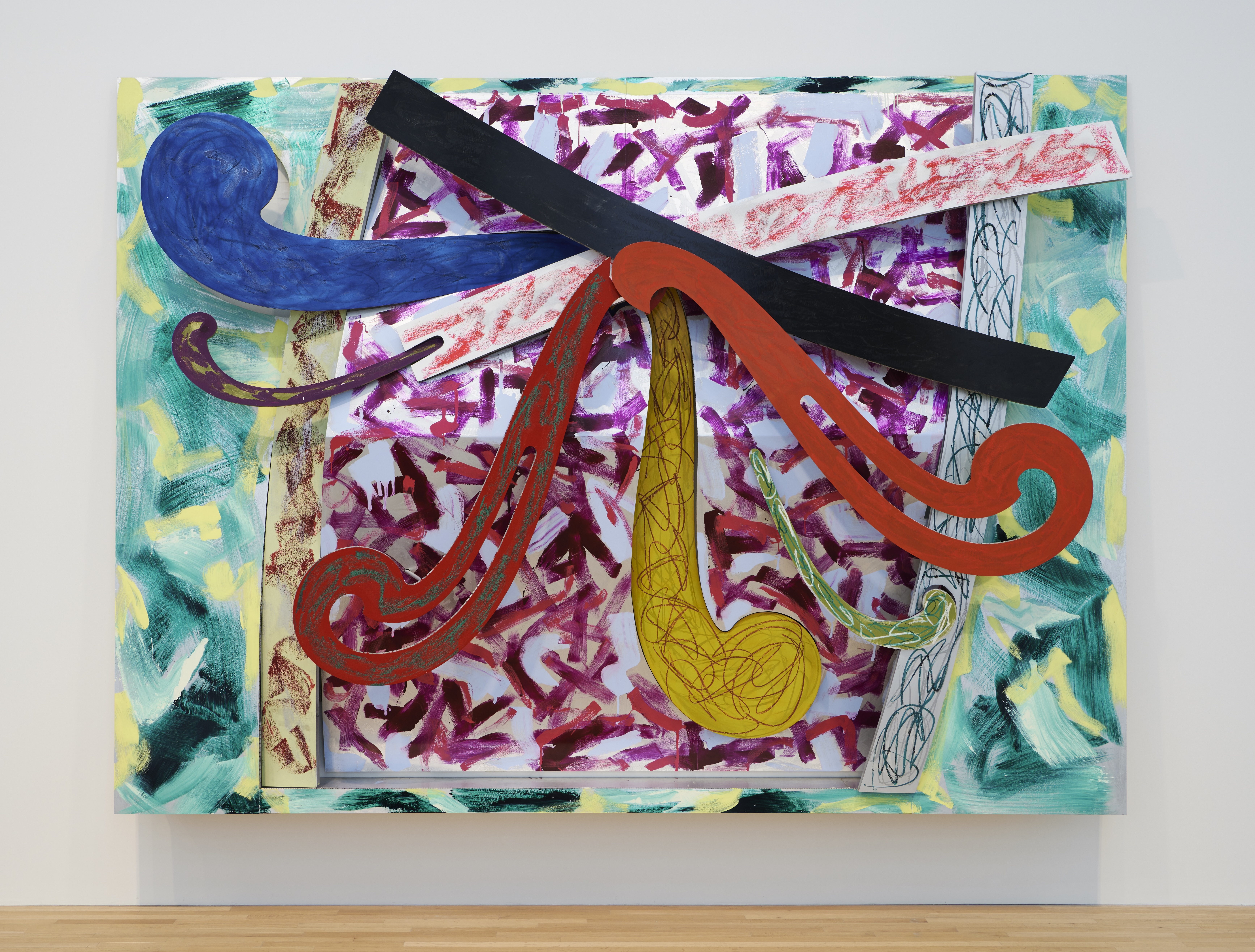 A large abstract, 3-D artwork featuring curving forms extending outward over a background of pink, red, green, and yellow brushstrokes.