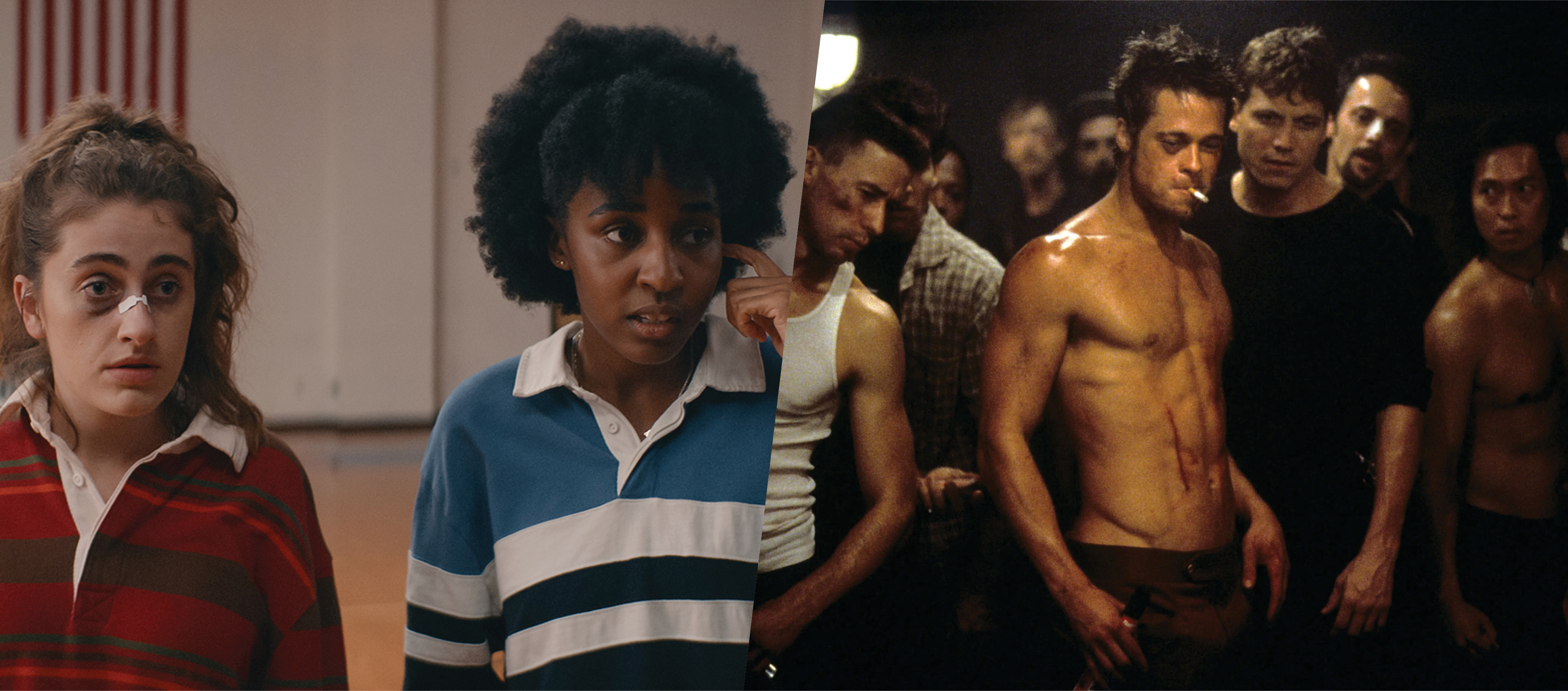 left image shows two teenage girls wearing polo shirts, one with a bandage on her nose; right image is a group of men with a shirtless Brad Pitt in front.