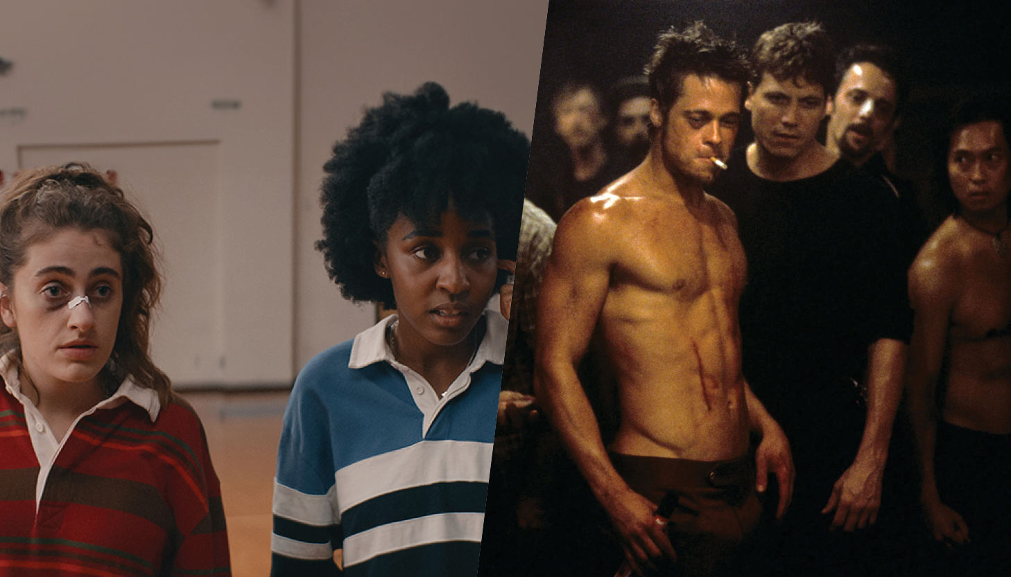 left image shows two teenage girls wearing polo shirts, one with a bandage on her nose; right image is a group of men with a shirtless Brad Pitt in front.