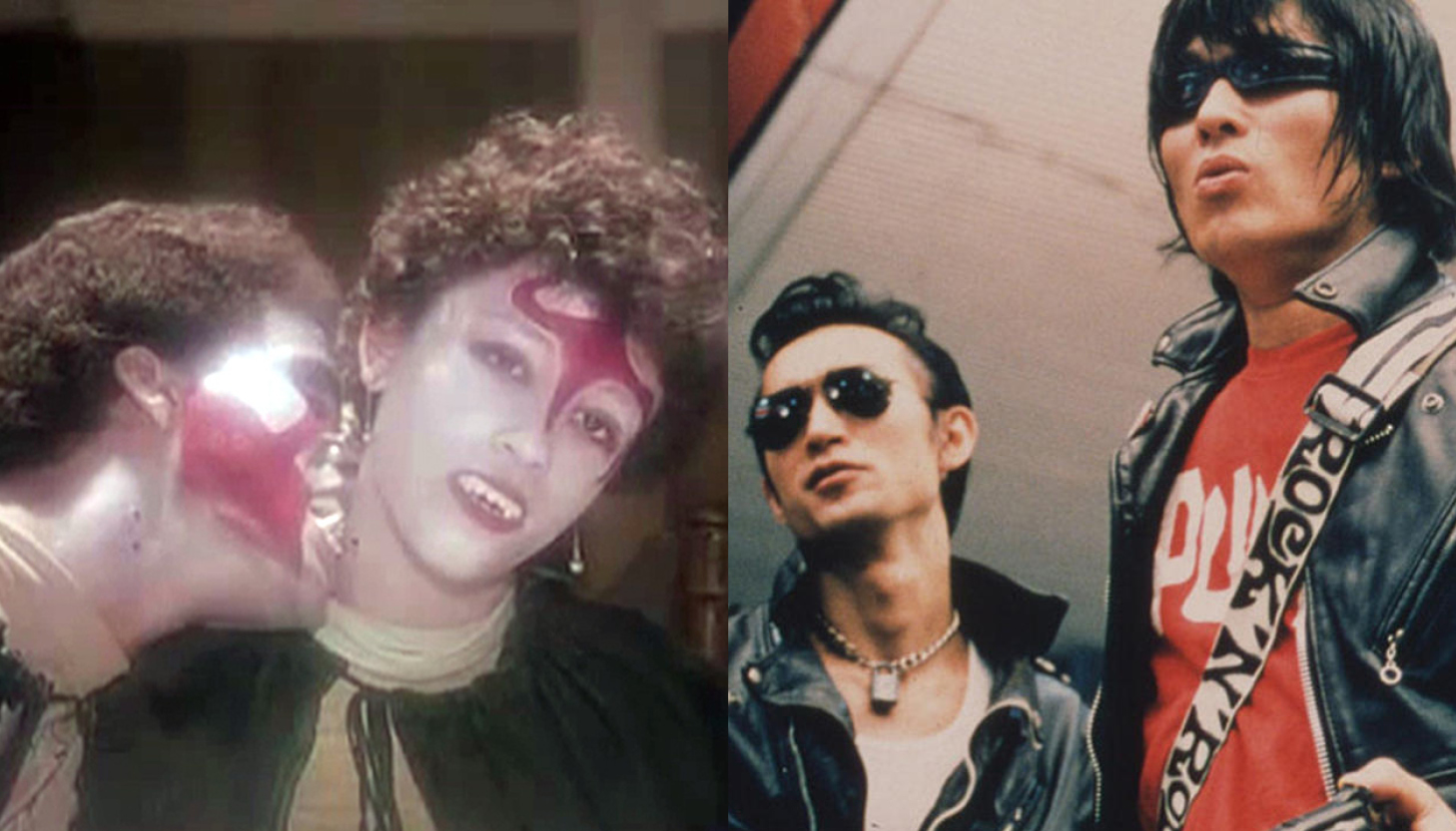 Stills from each Fangs and Wild Zero; one vampire bites another and two Ramones-style punk rockers.