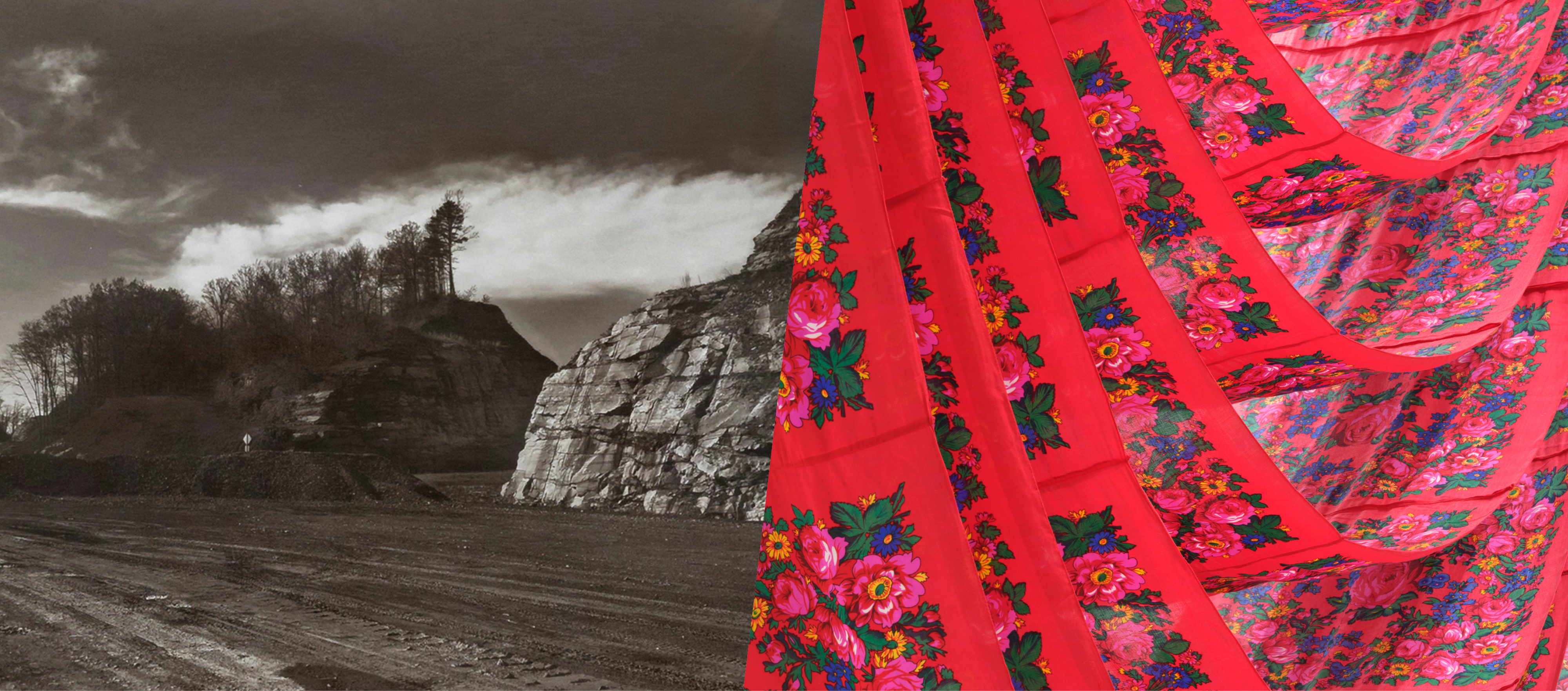 Collage image of a black-and-white photograph of a road cut on a flattened mountaintop and a sculpture of rows of red scarves hanging in a U shape.