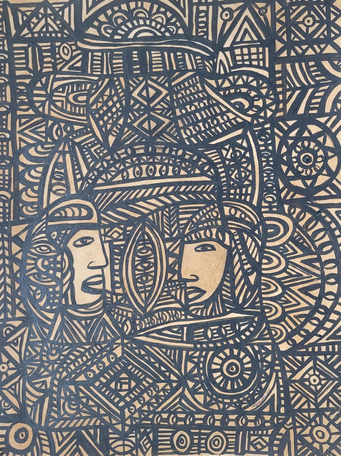 A brushed ink drawing with intricate geometric patterns surrounding two figures whose bodies blend into the patterns