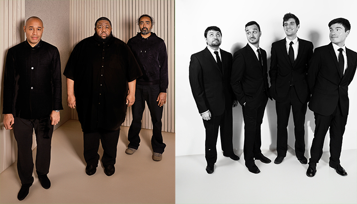 A photo of the Tyshawn Sorey Trio, three men in black button ups. A photo of Sandbox Percussion, four men wearing suits.
