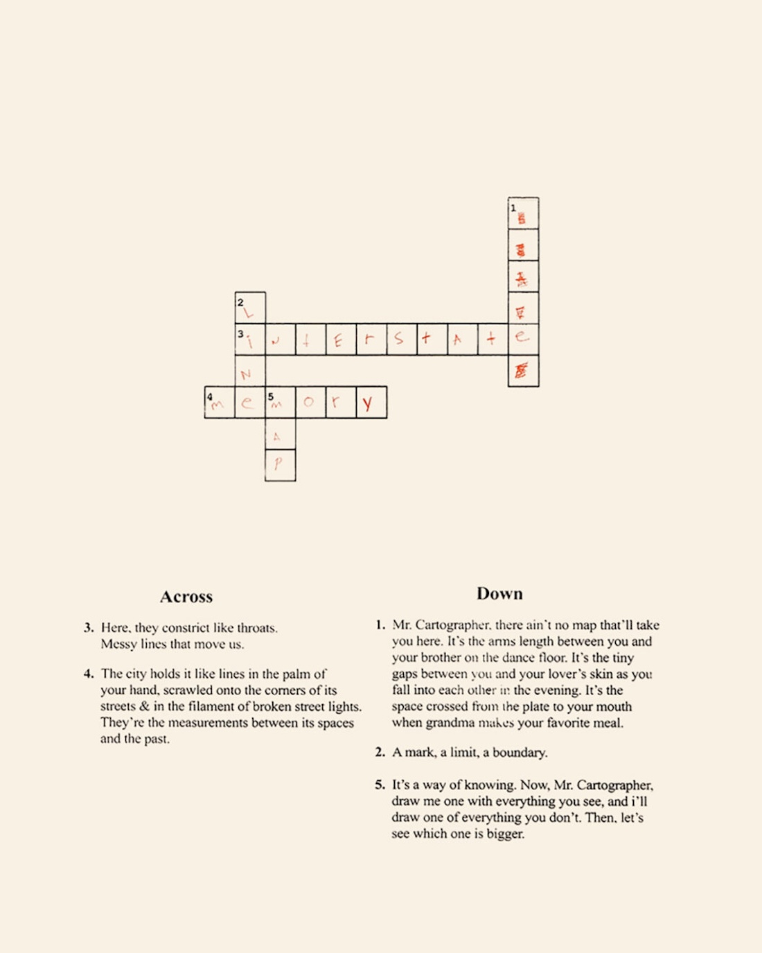 An artist’s print of a crossword puzzle with some clues and some answers filled in.