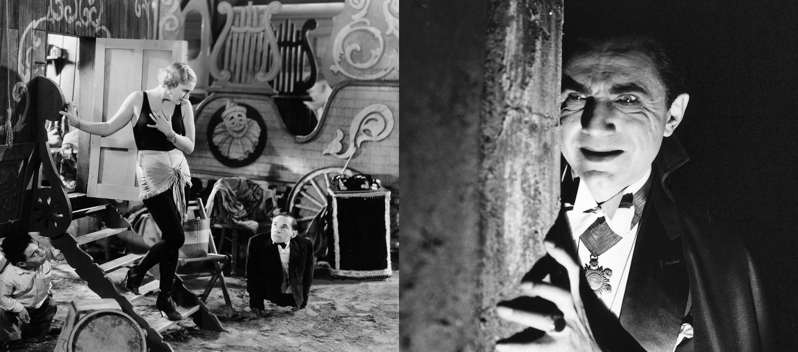 A woman descends the steps of a circus wagon. A little person and a man without legs are looking up at her. Close up of a vampire gripping the wall in front of him.