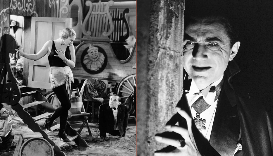 A woman descends the steps of a circus wagon. A little person and a man without legs are looking up at her. Close up of a vampire gripping the wall in front of him.