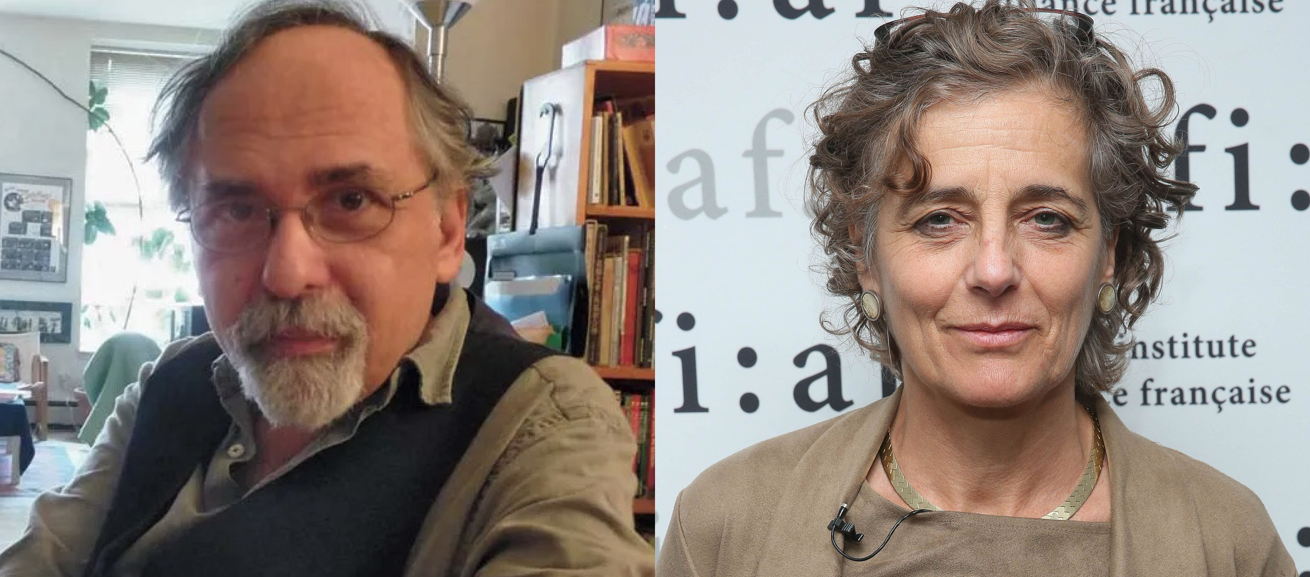 Two headshots. A man with glasses, a gray goatee, wearing a collared shirt and vest. A woman with gray, curly hair and is wearing a gray sweater.