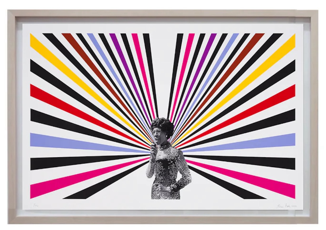 An artist print featuring lines of various colors that extend outward from a Black woman standing at the center of the image.