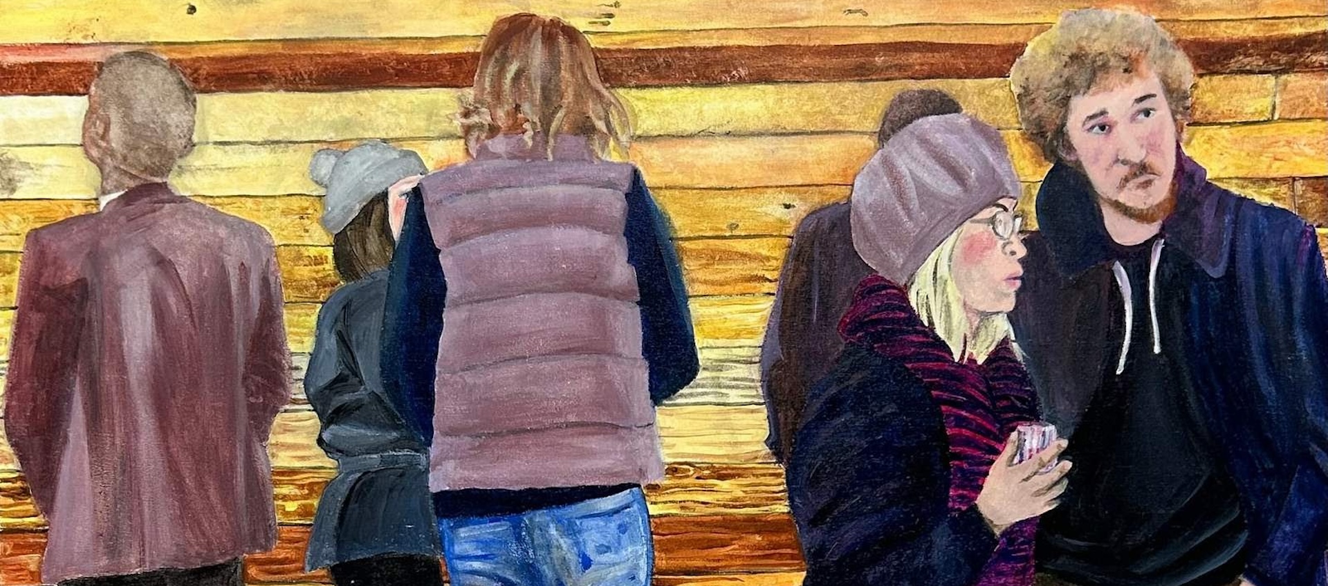 Watercolor painting of a group of people populating a wood-walled space.