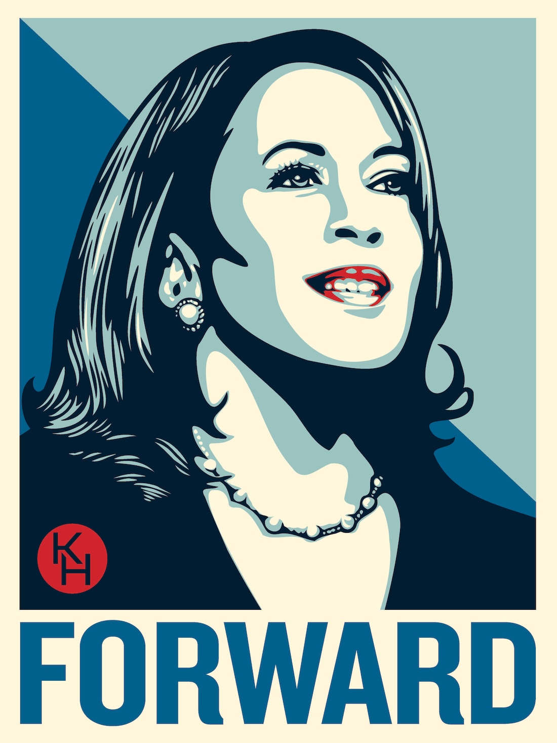 Illustration of Kamala Harris is various shades of blue, with the word “forward” below it.