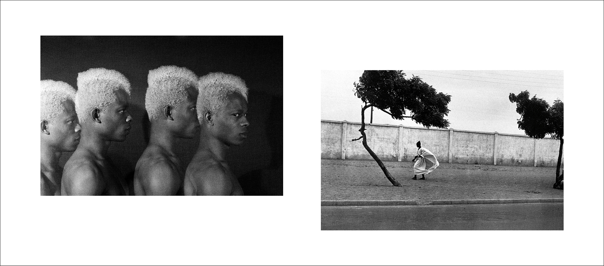 Collage image of two black-and-white photographs, a multiple exposure portrait by Rotimi Fani-Kayode and a street view of a figure by Ming Smith.