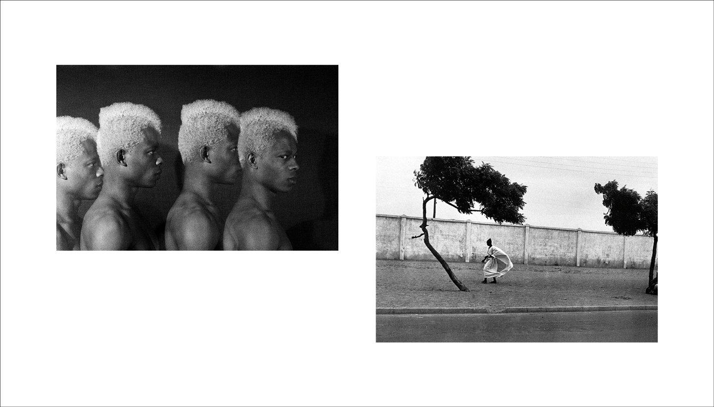 Collage image of two black-and-white photographs, a multiple exposure portrait by Rotimi Fani-Kayode and a street view of a figure by Ming Smith.