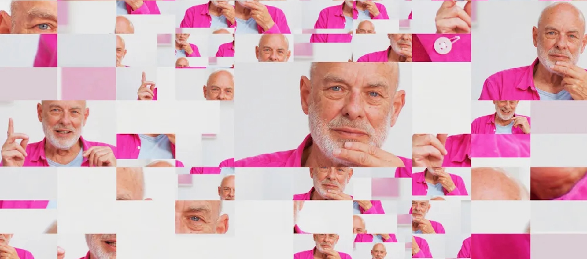 A collage of multiple full and partial images of a bald older man with a white beard, which mimics the look of pixelization. 