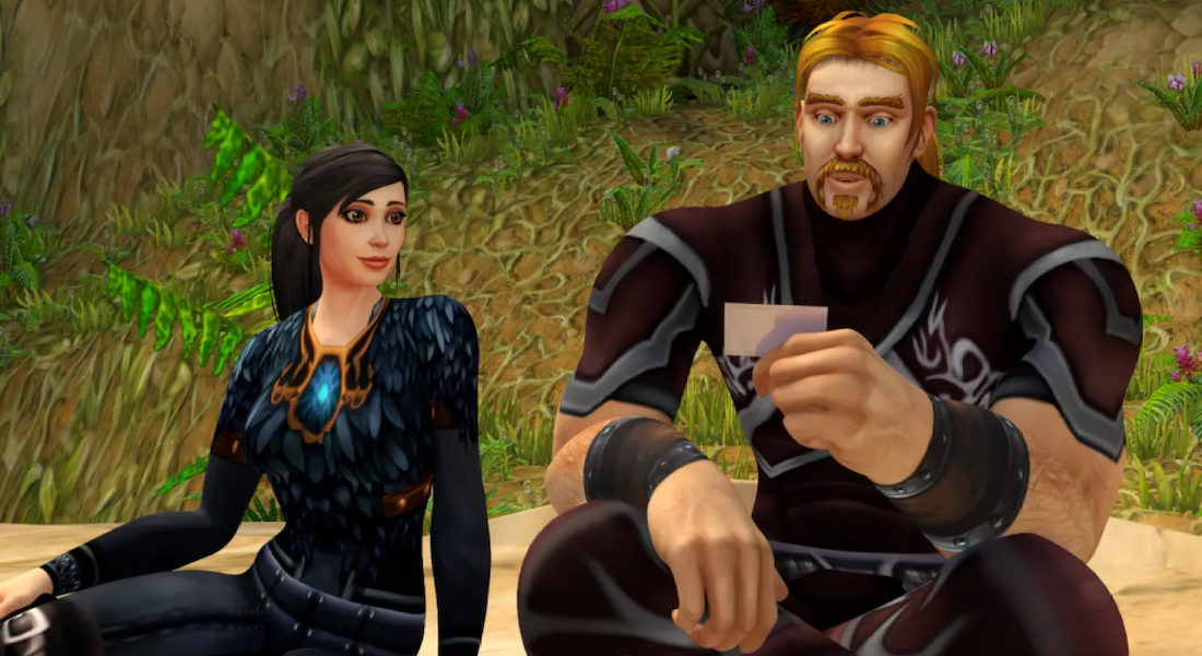 Male and female fantasy figures from an online game sit together in forest as he reads a note.