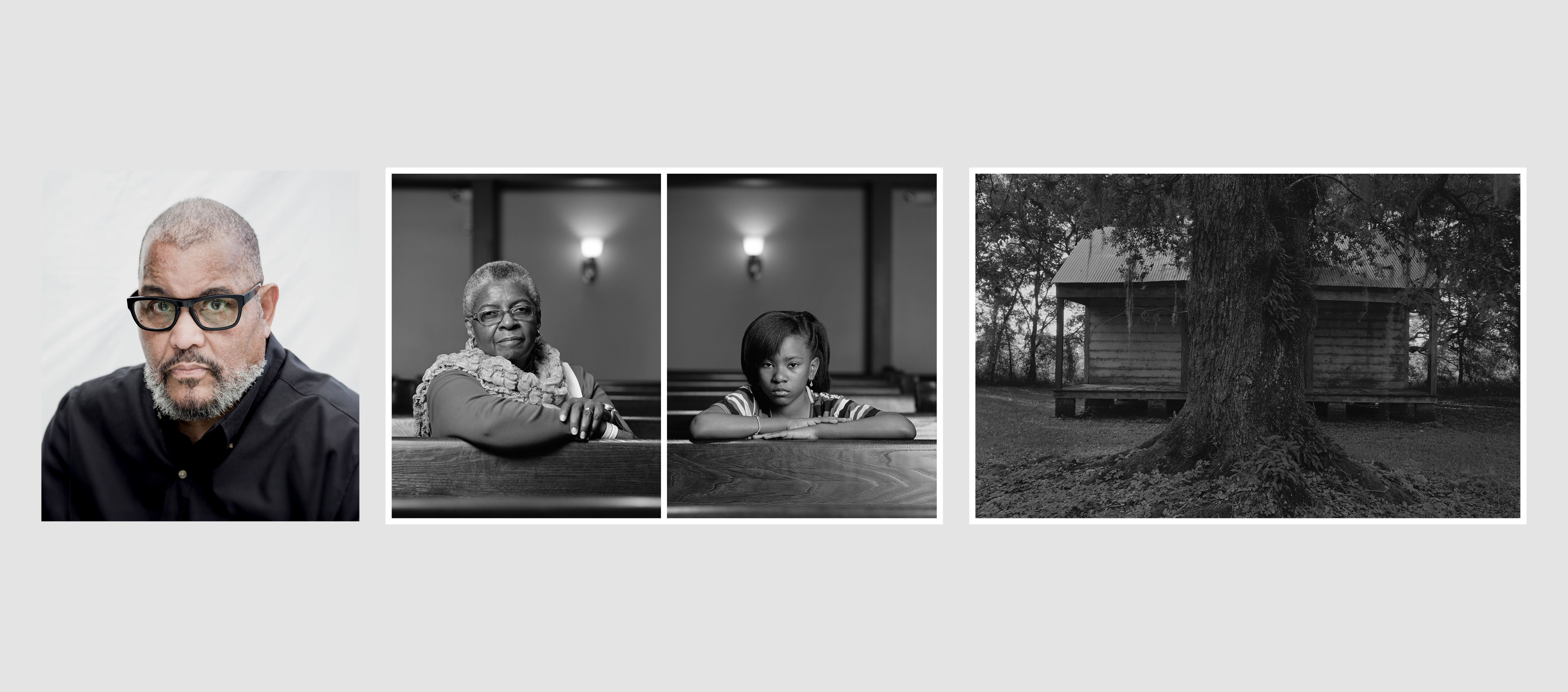 Collage image including a portrait of Dawoud Bey and two of his photographs. One shows two Black women in a church, the other is of a cabin behind a tree.