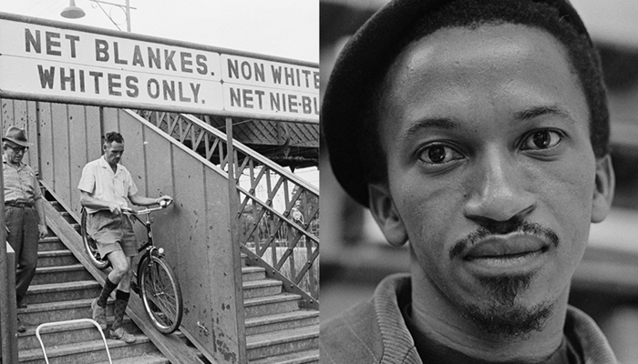 Two men descending a staircase, one carrying a bicycle under a whites only sign. Right is a close up of a Black man's face.