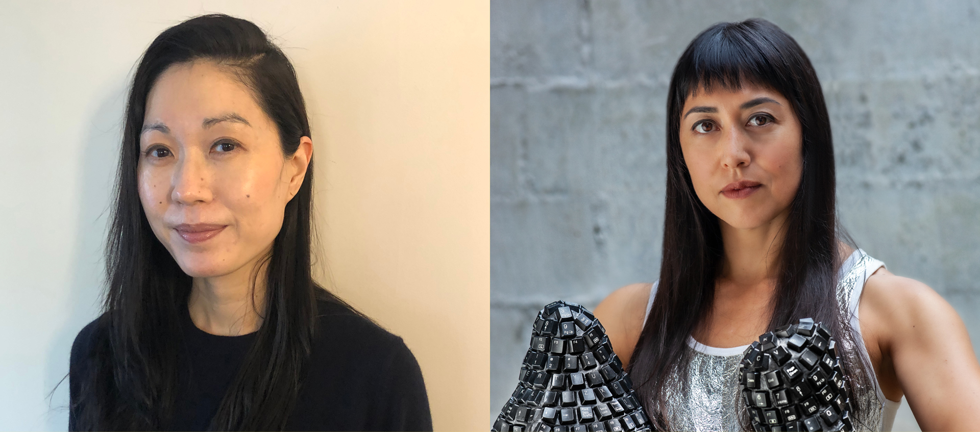 Jennifer Rhee has long dark hair and wears a black top. Katherine Behar has long dark hair, wears a silver top, and holds sculptures made of keyboards. 